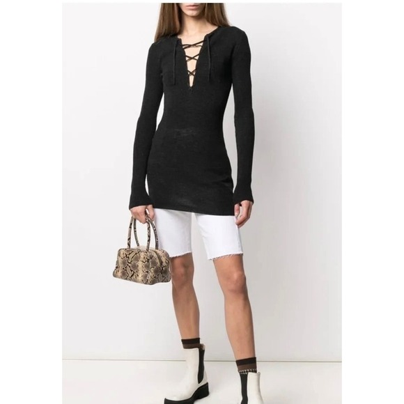 Ganni Sweaters - GANNI Black Ribbed Merino Wool Lace Up V Neck Tunic‎ Top Dress Women's Size M